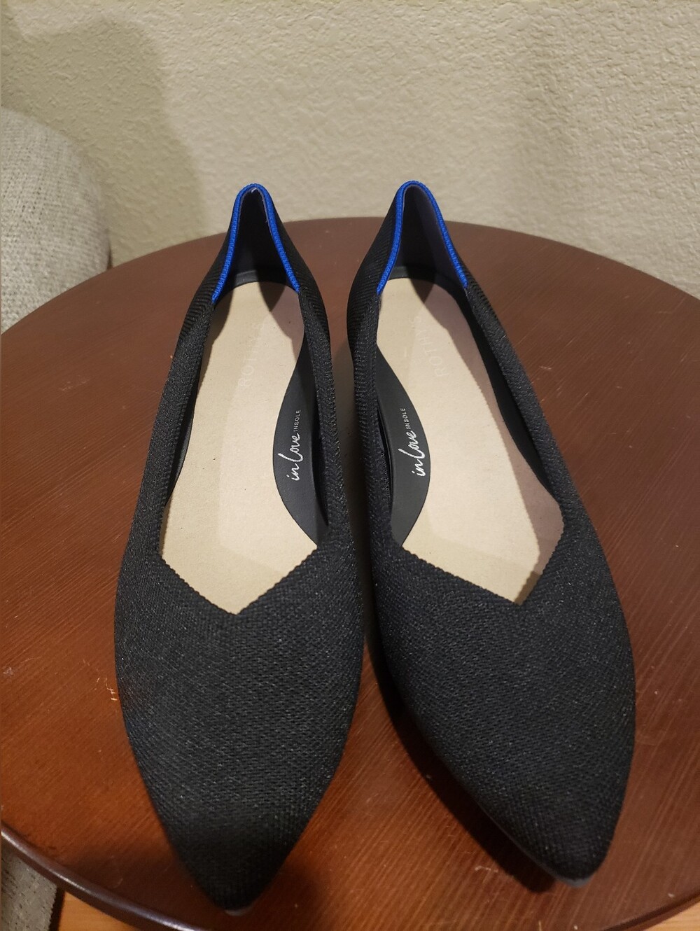 Rothy's Black High Point Block Heel Knit Shoes with Blue Heel Trim